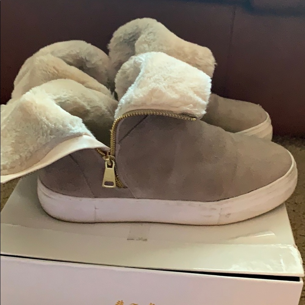 Fur suede shearling tan beige sneaker booties